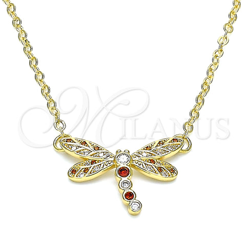 Oro Laminado Pendant Necklace, Gold Filled Style Dragon-Fly Design, with Garnet and White Micro Pave, Polished, Golden Finish, 04.156.0441.1.18 (02 MM Thickness, 18 Inches Length)