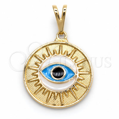 Oro Laminado Fancy Pendant, Gold Filled Style Evil Eye Design, Azul claro Enamel Finish, Golden Finish, 05.32.0082