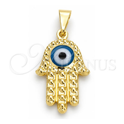 Oro Laminado Fancy Pendant, Gold Filled Style Hand of God and Evil Eye Design, Azul claro Enamel Finish, Golden Finish, 05.32.0083