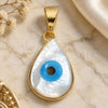 Oro Laminado Fancy Pendant, Gold Filled Style Evil Eye and Teardrop Design, with Ivory Mother of Pearl, Azul claro Polished, Golden Finish, 05.32.0084