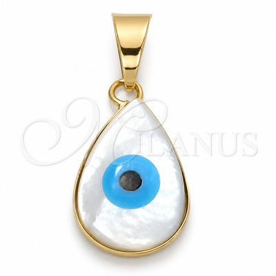 Oro Laminado Fancy Pendant, Gold Filled Style Evil Eye and Teardrop Design, with Ivory Mother of Pearl, Azul claro Polished, Golden Finish, 05.32.0084