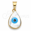 Oro Laminado Fancy Pendant, Gold Filled Style Evil Eye and Teardrop Design, with Ivory Mother of Pearl, Azul claro Polished, Golden Finish, 05.32.0084