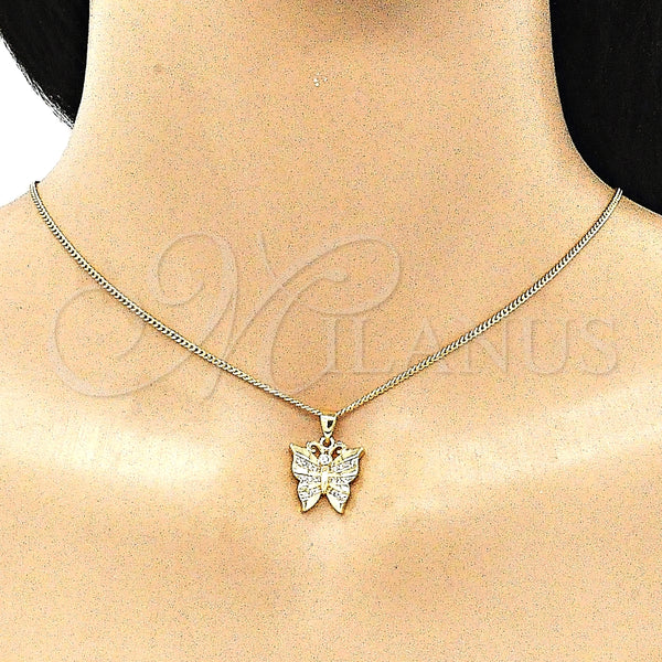 Oro Laminado Pendant Necklace, Gold Filled Style Butterfly Design, with White Cubic Zirconia and White Micro Pave, Polished, Golden Finish, 04.156.0452.20 (02 MM Thickness, 20 Inches Length)