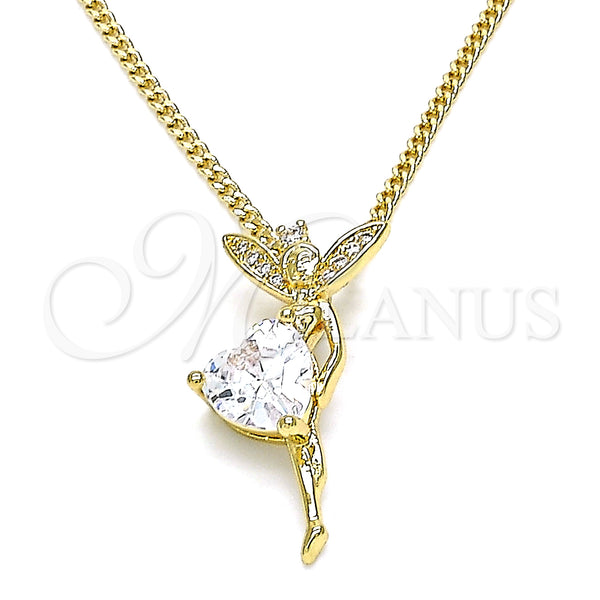 Oro Laminado Pendant Necklace, Gold Filled Style Angel and Heart Design, with White Cubic Zirconia and White Micro Pave, Polished, Golden Finish, 04.156.0457.18 (02 MM Thickness, 18 Inches Length)