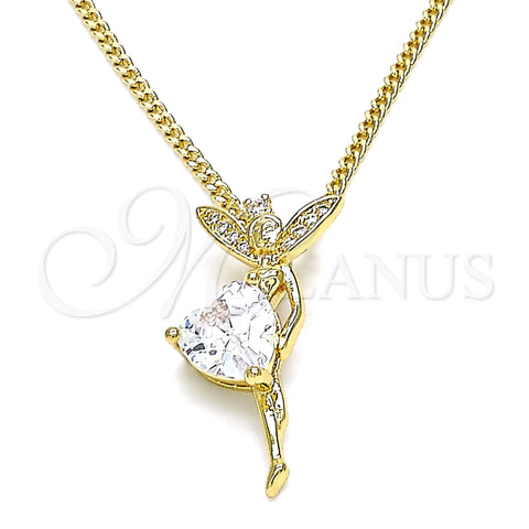 Oro Laminado Pendant Necklace, Gold Filled Style Angel and Heart Design, with White Cubic Zirconia and White Micro Pave, Polished, Golden Finish, 04.156.0457.18 (02 MM Thickness, 18 Inches Length)