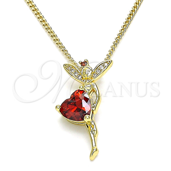 Oro Laminado Pendant Necklace, Gold Filled Style Angel and Heart Design, with Garnet Cubic Zirconia and White Micro Pave, Polished, Golden Finish, 04.156.0457.2.20 (02 MM Thickness, 20 Inches Length)