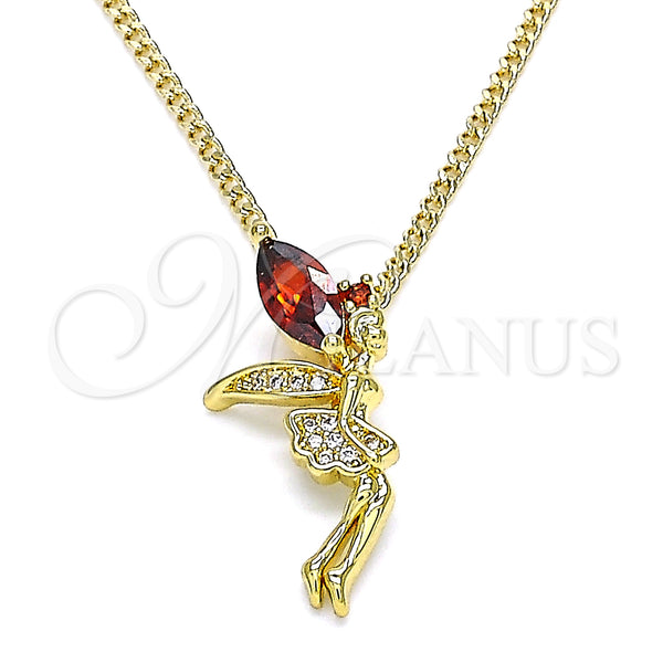 Oro Laminado Pendant Necklace, Gold Filled Style Angel Design, with Garnet Cubic Zirconia and White Micro Pave, Polished, Golden Finish, 04.156.0459.2.20 (02 MM Thickness, 20 Inches Length)