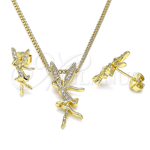 Oro Laminado Earring and Pendant Adult Set, Gold Filled Style Angel Design, with White Micro Pave, Polished, Golden Finish, 10.156.0407