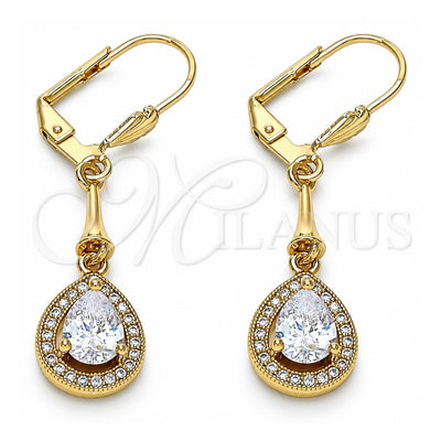 Oro Laminado Long Earring, Gold Filled Style Teardrop Design, with White Cubic Zirconia, Polished, Golden Finish, 02.387.0044.2