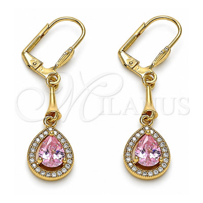 Oro Laminado Long Earring, Gold Filled Style Teardrop Design, with Pink and White Cubic Zirconia, Polished, Golden Finish, 02.387.0044.3