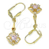 Oro Laminado Long Earring, Gold Filled Style Baguette Design, with Pink and White Cubic Zirconia, Polished, Golden Finish, 02.387.0048