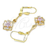 Oro Laminado Long Earring, Gold Filled Style Baguette Design, with Pink and White Cubic Zirconia, Polished, Golden Finish, 02.387.0048
