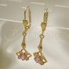 Oro Laminado Long Earring, Gold Filled Style Baguette Design, with Pink and White Cubic Zirconia, Polished, Golden Finish, 02.387.0048