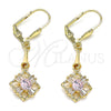 Oro Laminado Long Earring, Gold Filled Style Baguette Design, with Pink and White Cubic Zirconia, Polished, Golden Finish, 02.387.0048