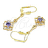 Oro Laminado Long Earring, Gold Filled Style Baguette Design, with Amethyst and White Cubic Zirconia, Polished, Golden Finish, 02.387.0048.1