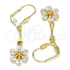 Oro Laminado Long Earring, Gold Filled Style Flower Design, with White Cubic Zirconia, Polished, Golden Finish, 02.387.0050