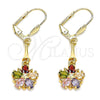 Oro Laminado Long Earring, Gold Filled Style Flower and Star Design, with Multicolor Cubic Zirconia, Polished, Golden Finish, 02.387.0051.2
