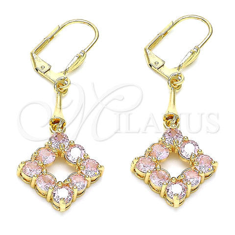 Oro Laminado Long Earring, Gold Filled Style with Pink Cubic Zirconia, Polished, Golden Finish, 02.387.0053.2