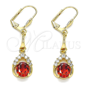 Oro Laminado Long Earring, Gold Filled Style Teardrop Design, with Garnet and White Cubic Zirconia, Polished, Golden Finish, 02.387.0058