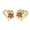 Oro Laminado Stud Earring, Gold Filled Style Heart and Flower Design, with Garnet and White Cubic Zirconia, Polished, Golden Finish, 02.387.0072