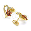 Oro Laminado Stud Earring, Gold Filled Style Heart and Flower Design, with Garnet and White Cubic Zirconia, Polished, Golden Finish, 02.387.0072