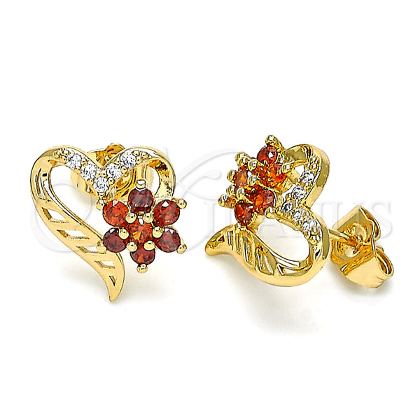 Oro Laminado Stud Earring, Gold Filled Style Heart and Flower Design, with Garnet and White Cubic Zirconia, Polished, Golden Finish, 02.387.0072
