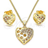 Oro Laminado Earring and Pendant Adult Set, Gold Filled Style Heart and Flower Design, with Garnet and White Micro Pave, Polished, Golden Finish, 10.156.0066.2