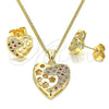 Oro Laminado Earring and Pendant Adult Set, Gold Filled Style Heart and Flower Design, with Garnet and White Micro Pave, Polished, Golden Finish, 10.156.0066.2