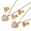 Oro Laminado Earring and Pendant Adult Set, Gold Filled Style Heart and Flower Design, with Garnet and White Micro Pave, Polished, Golden Finish, 10.156.0066.2