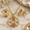 Oro Laminado Earring and Pendant Adult Set, Gold Filled Style Heart Design, with Garnet Micro Pave, Polished, Golden Finish, 10.156.0204.2