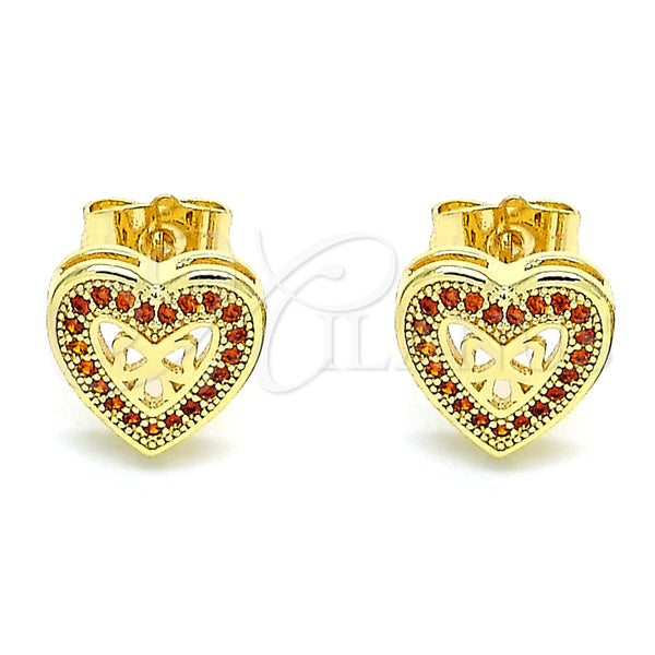 Gold Filled Ring — Stud Earring Heart and Bow Design with Garnet — main product view — SKU 145889 | Oro Laminado anillo — Stud Earring corazón and Bow diseño with Garnet — SKU 145889