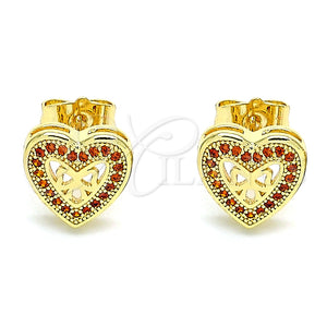 Gold Filled Ring — Stud Earring Heart and Bow Design with Garnet — main product view — SKU 145889 | Oro Laminado anillo — Stud Earring corazón and Bow diseño with Garnet — SKU 145889