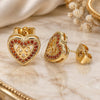 Oro Laminado Stud Earring, Gold Filled Style Heart and Bow Design, with Garnet Micro Pave, Polished, Golden Finish, 02.156.0298.1