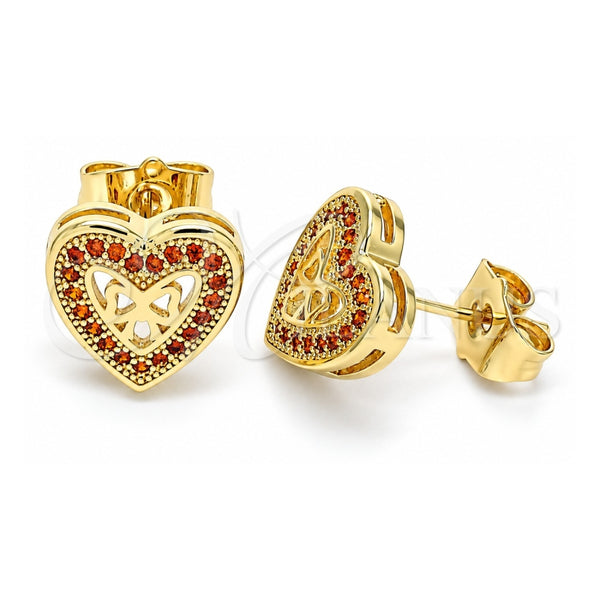 Oro Laminado Stud Earring, Gold Filled Style Heart and Bow Design, with Garnet Micro Pave, Polished, Golden Finish, 02.156.0298.1