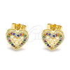 Oro Laminado Stud Earring, Gold Filled Style Heart and Bow Design, with Multicolor Micro Pave, Polished, Golden Finish, 02.156.0298.2