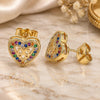 Oro Laminado Stud Earring, Gold Filled Style Heart and Bow Design, with Multicolor Micro Pave, Polished, Golden Finish, 02.156.0298.2