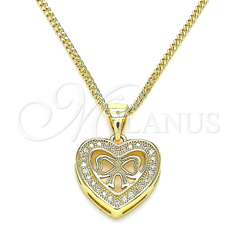 Oro Laminado Pendant Necklace, Gold Filled Style Heart and Bow Design, with White Micro Pave, Polished, Golden Finish, 04.156.0462.20 (02 MM Thickness, 20 Inches Length)