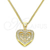 Oro Laminado Pendant Necklace, Gold Filled Style Heart and Bow Design, with White Micro Pave, Polished, Golden Finish, 04.156.0462.20 (02 MM Thickness, 20 Inches Length)