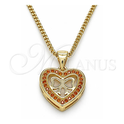 Oro Laminado Pendant Necklace, Gold Filled Style Heart and Bow Design, with Garnet Micro Pave, Polished, Golden Finish, 04.156.0462.1.20 (02 MM Thickness, 20 Inches Length)