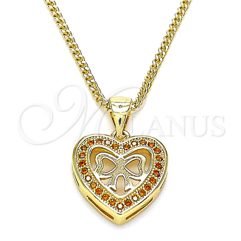 Oro Laminado Pendant Necklace, Gold Filled Style Heart and Bow Design, with Garnet Micro Pave, Polished, Golden Finish, 04.156.0462.1.20 (02 MM Thickness, 20 Inches Length)