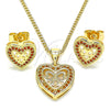 Oro Laminado Earring and Pendant Adult Set, Gold Filled Style Heart and Bow Design, with Garnet Micro Pave, Polished, Golden Finish, 10.156.0408.1