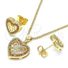 Oro Laminado Earring and Pendant Adult Set, Gold Filled Style Heart and Bow Design, with Garnet Micro Pave, Polished, Golden Finish, 10.156.0408.1