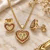 Oro Laminado Earring and Pendant Adult Set, Gold Filled Style Heart and Bow Design, with Garnet Micro Pave, Polished, Golden Finish, 10.156.0408.1