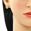 Oro Laminado Earring and Pendant Adult Set, Gold Filled Style Heart and Bow Design, with Multicolor Micro Pave, Polished, Golden Finish, 10.156.0408.2