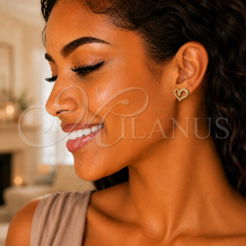 Oro Laminado Stud Earring, Gold Filled Style Heart Design, with White Micro Pave, Polished, Golden Finish, 02.156.0621