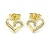 Oro Laminado Stud Earring, Gold Filled Style Heart Design, with White Micro Pave, Polished, Golden Finish, 02.156.0621