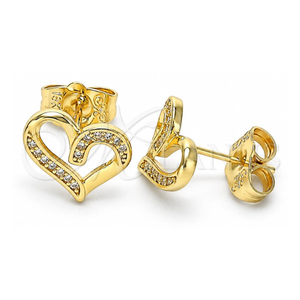 Oro Laminado Stud Earring, Gold Filled Style Heart Design, with White Micro Pave, Polished, Golden Finish, 02.156.0621