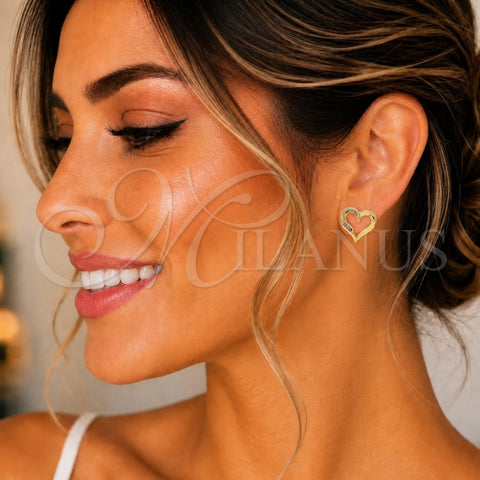 Oro Laminado Stud Earring, Gold Filled Style Heart Design, with Multicolor Micro Pave, Polished, Golden Finish, 02.156.0486.3