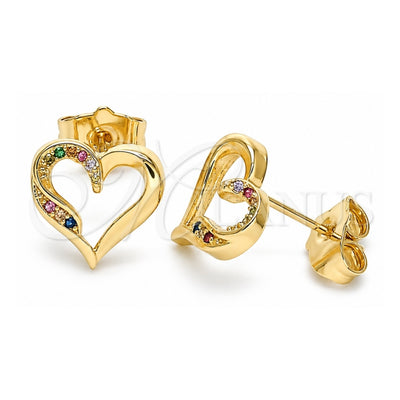 Oro Laminado Stud Earring, Gold Filled Style Heart Design, with Multicolor Micro Pave, Polished, Golden Finish, 02.156.0486.3
