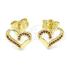 Oro Laminado Stud Earring, Gold Filled Style Heart Design, with Garnet Micro Pave, Polished, Golden Finish, 02.156.0621.1